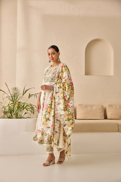 Neerus Off White Flared Emlleshied Kurta And Trousers With Dupatta