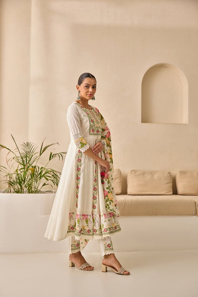 Neerus Off White Flared Emlleshied Kurta And Trousers With Dupatta