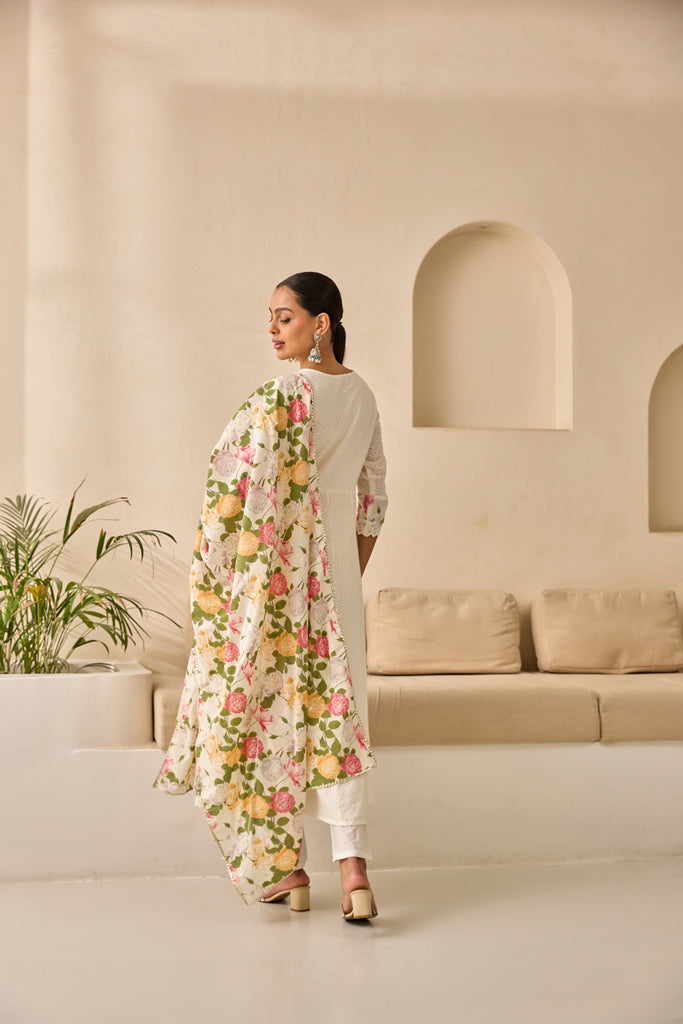 Neerus Off White Flared Emlleshied Kurta And Trousers With Dupatta