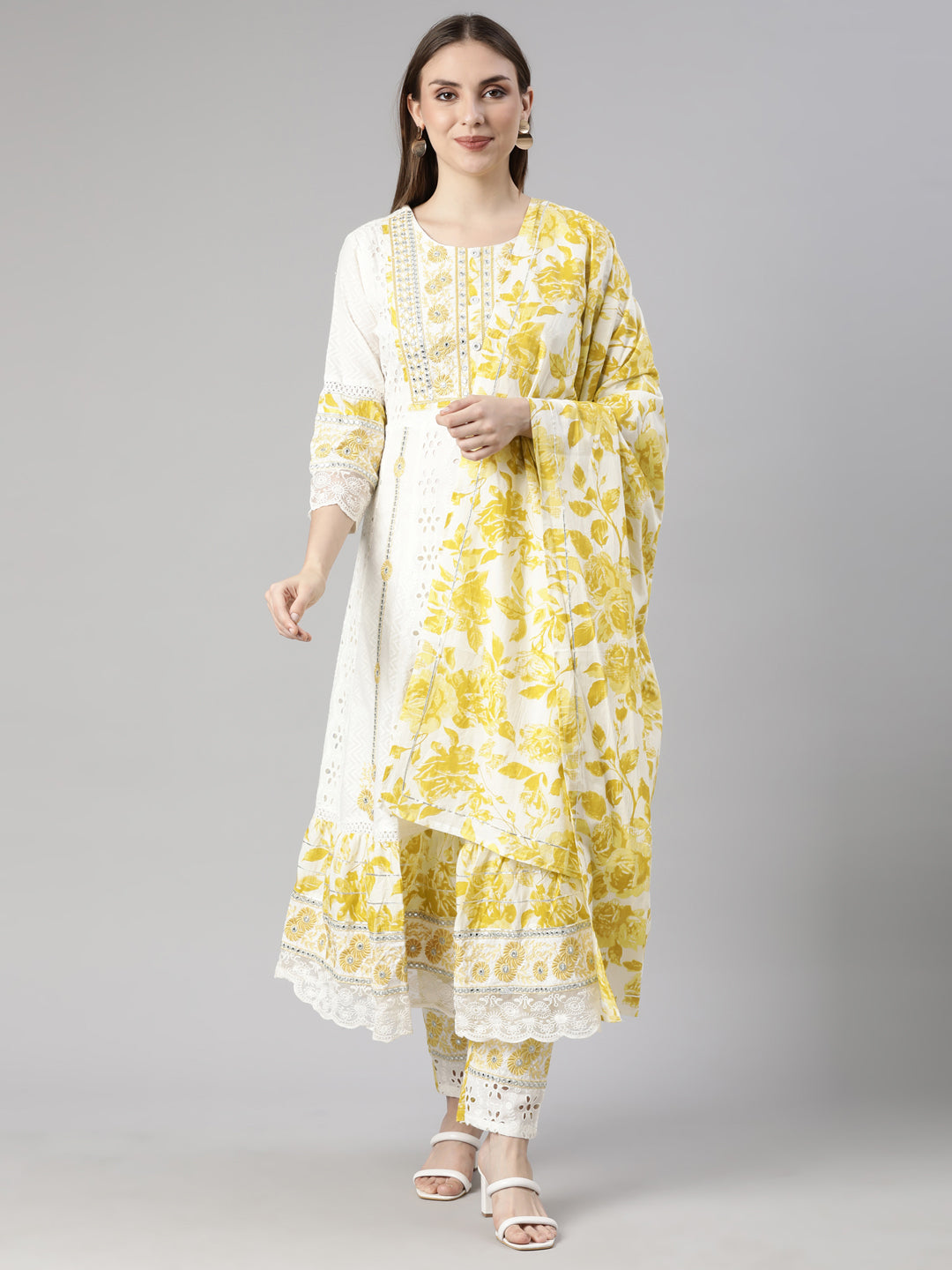 Neerus White Regular Flared Floral Readymade suits