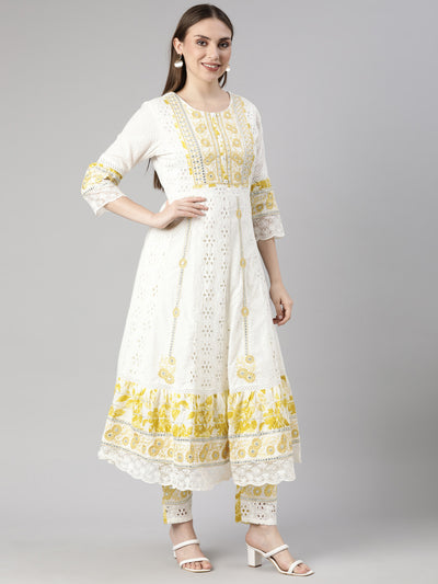 Neerus White Regular Flared Floral Readymade suits