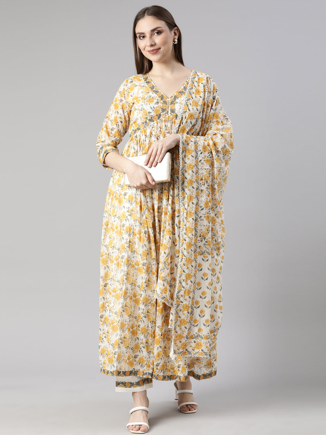 Neerus Mustard Pleated Flared Floral Kurta And  Trousers With Dupatta