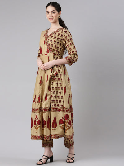 Neerus Women Beige Anarkali Kurta and Trousers With Dupatta