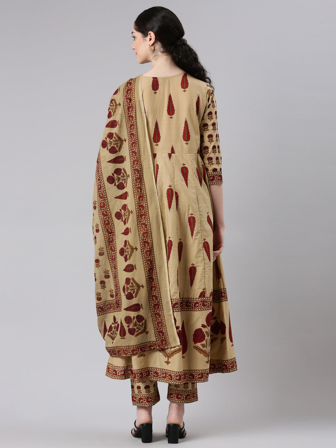 Neerus Women Beige Anarkali Kurta and Trousers With Dupatta