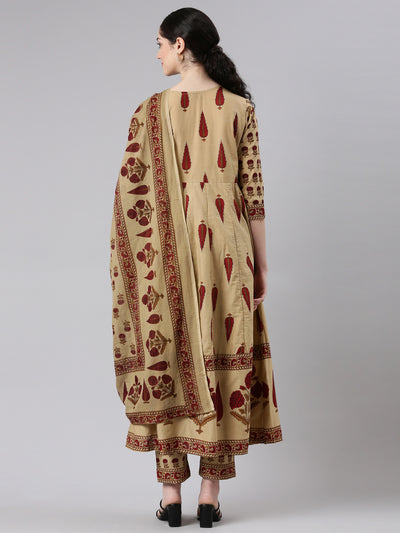 Neerus Women Beige Anarkali Kurta and Trousers With Dupatta