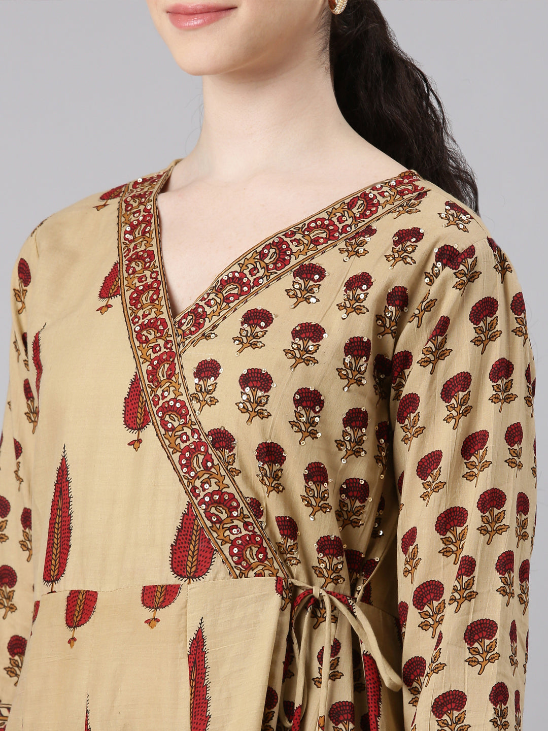 Neerus Women Beige Anarkali Kurta and Trousers With Dupatta