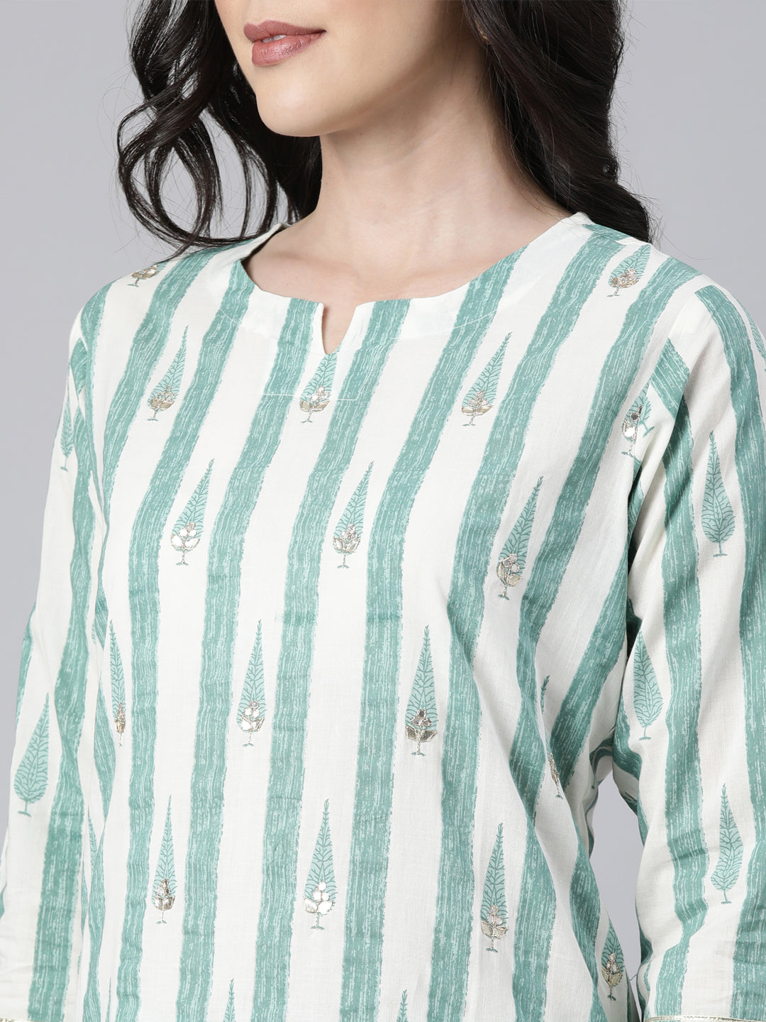 Neerus Green Regular Straight Striped Kurta And  Trousers With Dupatta