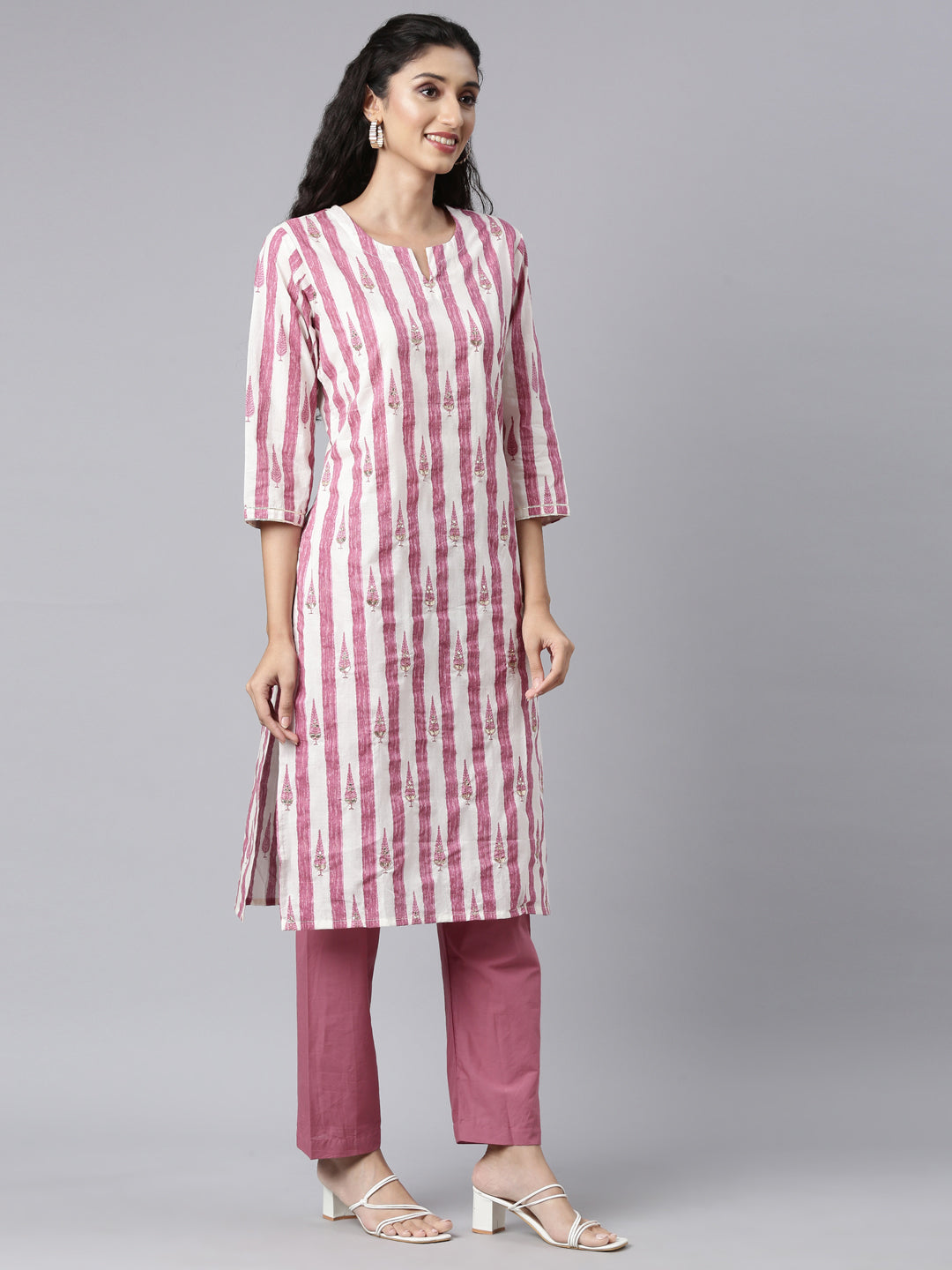 Neerus Purple Panelled Straight Kurta and Trousers With Dupatta