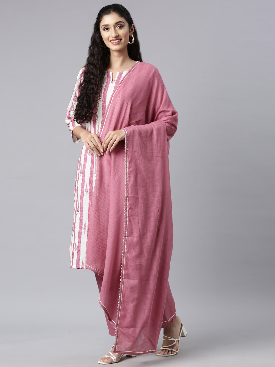 Neerus Purple Panelled Straight Kurta and Trousers With Dupatta