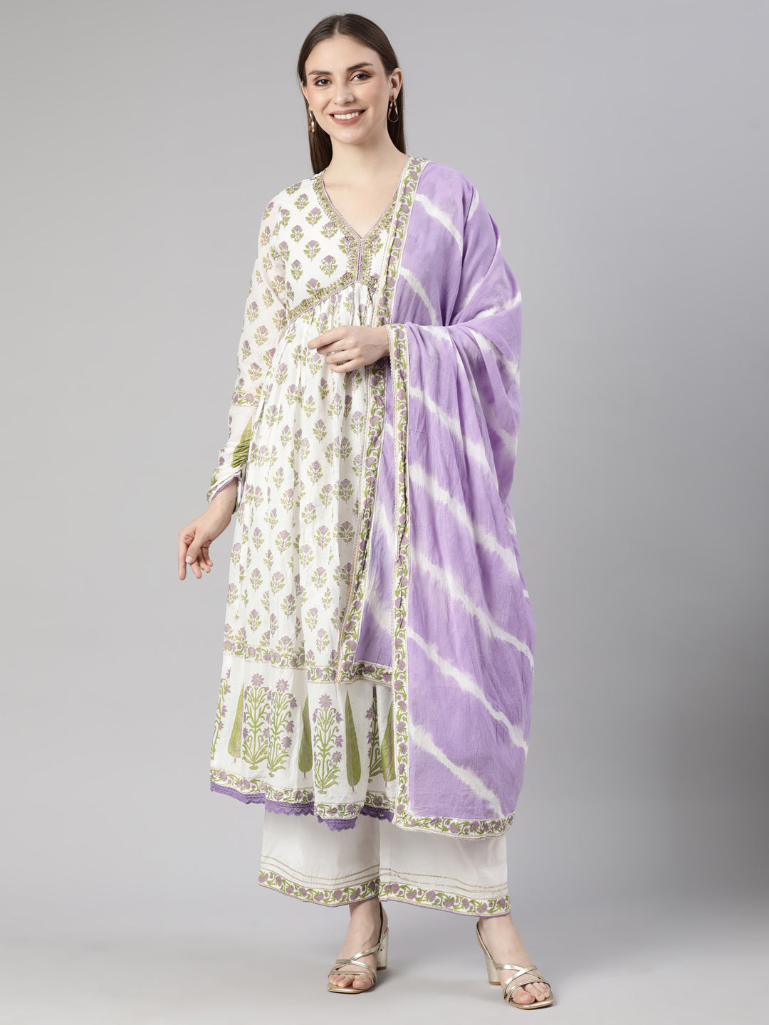 Neerus Lavender Pleated Straight Floral Kurta And  Palazzos With Dupatta