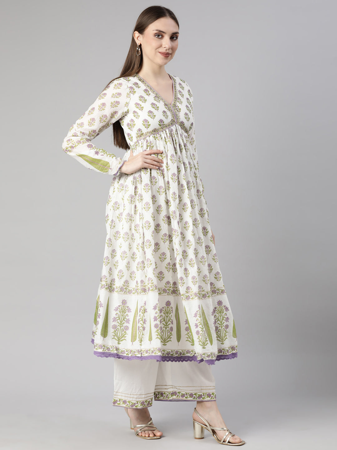 Neerus Lavender Pleated Straight Floral Kurta And  Palazzos With Dupatta