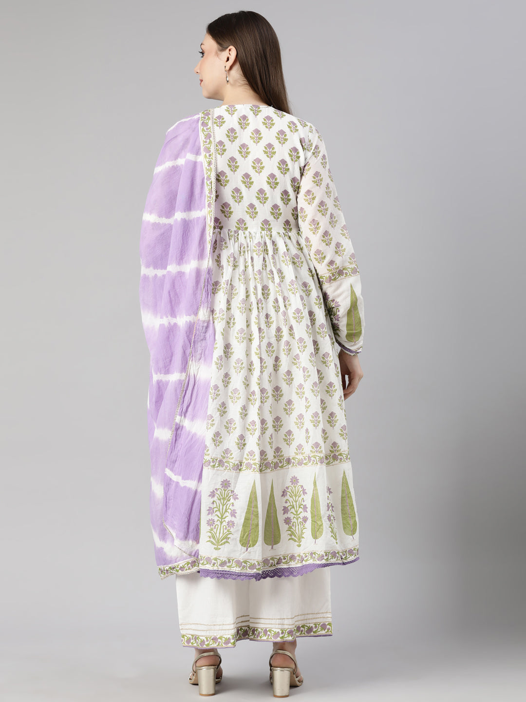 Neerus Lavender Pleated Straight Floral Kurta And  Palazzos With Dupatta