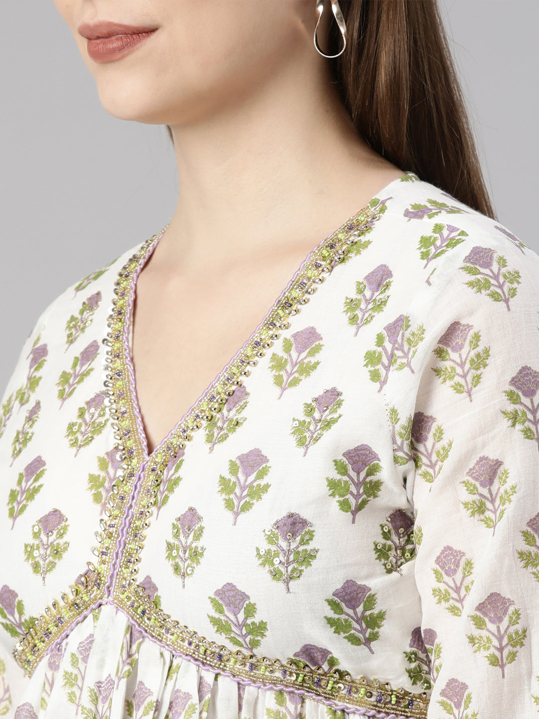 Neerus Lavender Pleated Straight Floral Kurta And  Palazzos With Dupatta