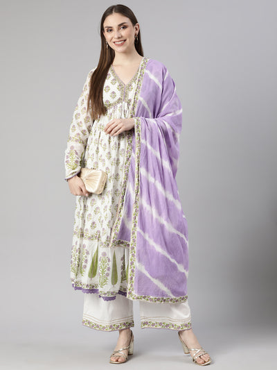 Neerus Lavender Pleated Straight Floral Kurta And  Palazzos With Dupatta