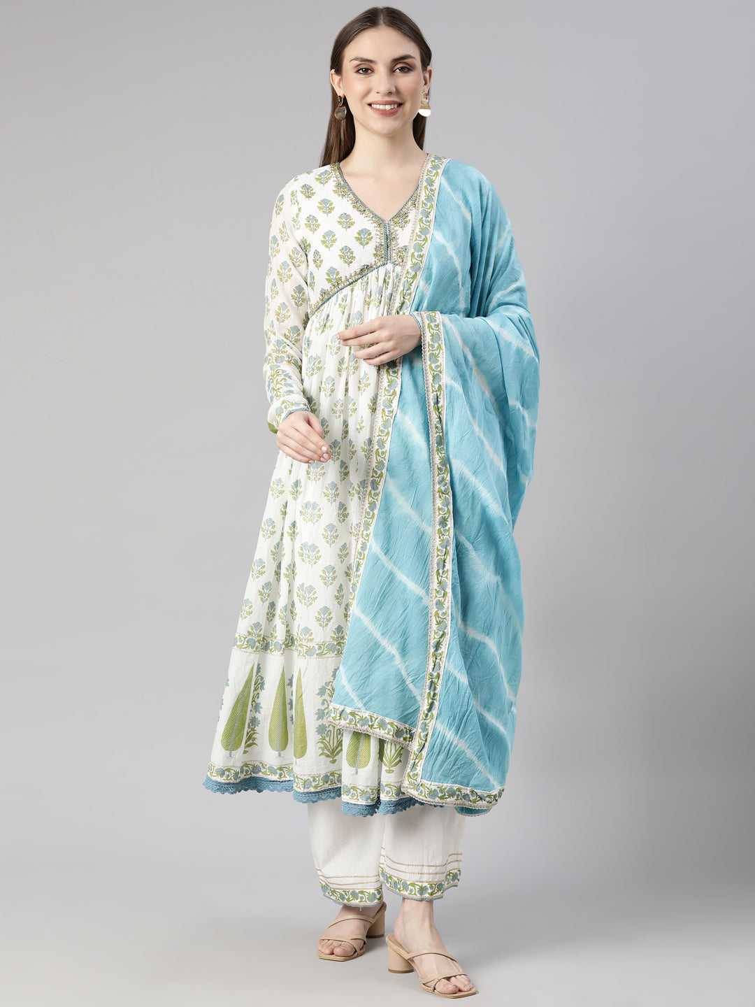 Neerus Green Pleated Straight Floral Kurta And  Palazzos With Dupatta