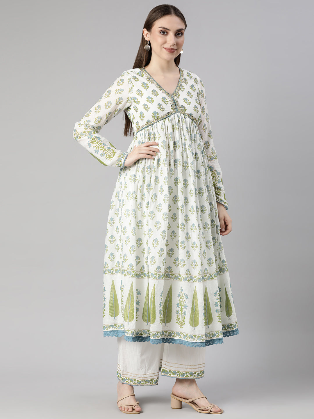 Neerus Green Pleated Straight Floral Kurta And  Palazzos With Dupatta