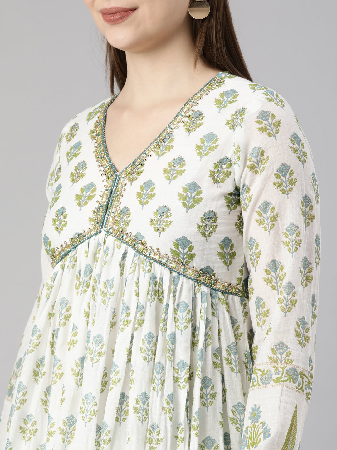 Neerus Green Pleated Straight Floral Kurta And  Palazzos With Dupatta