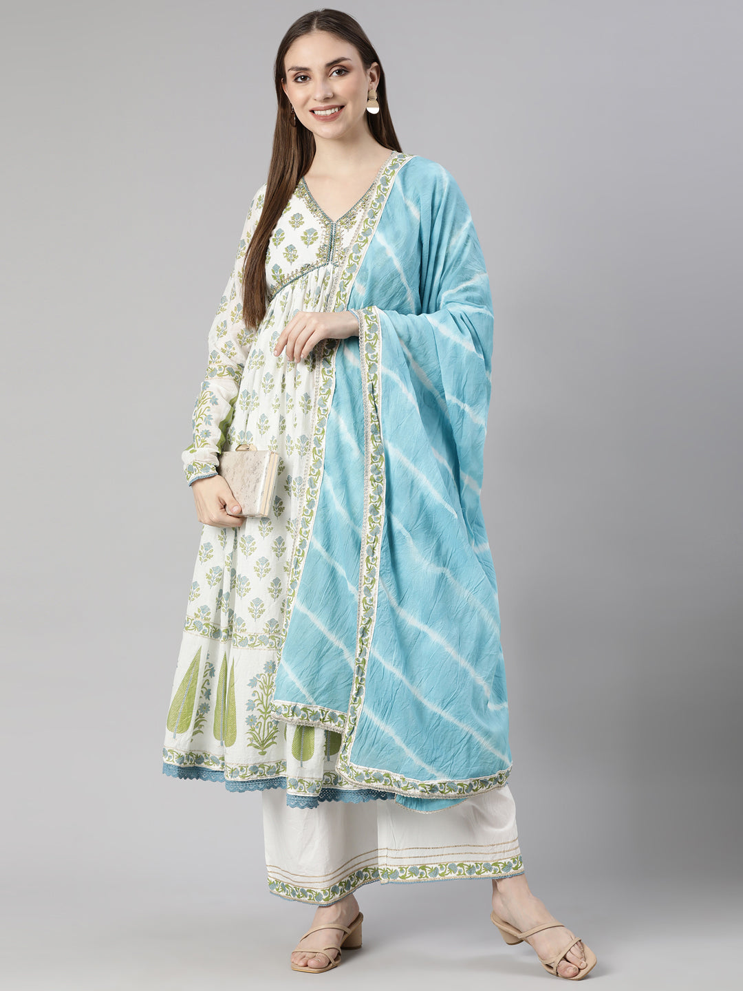 Neerus Green Pleated Straight Floral Kurta And  Palazzos With Dupatta