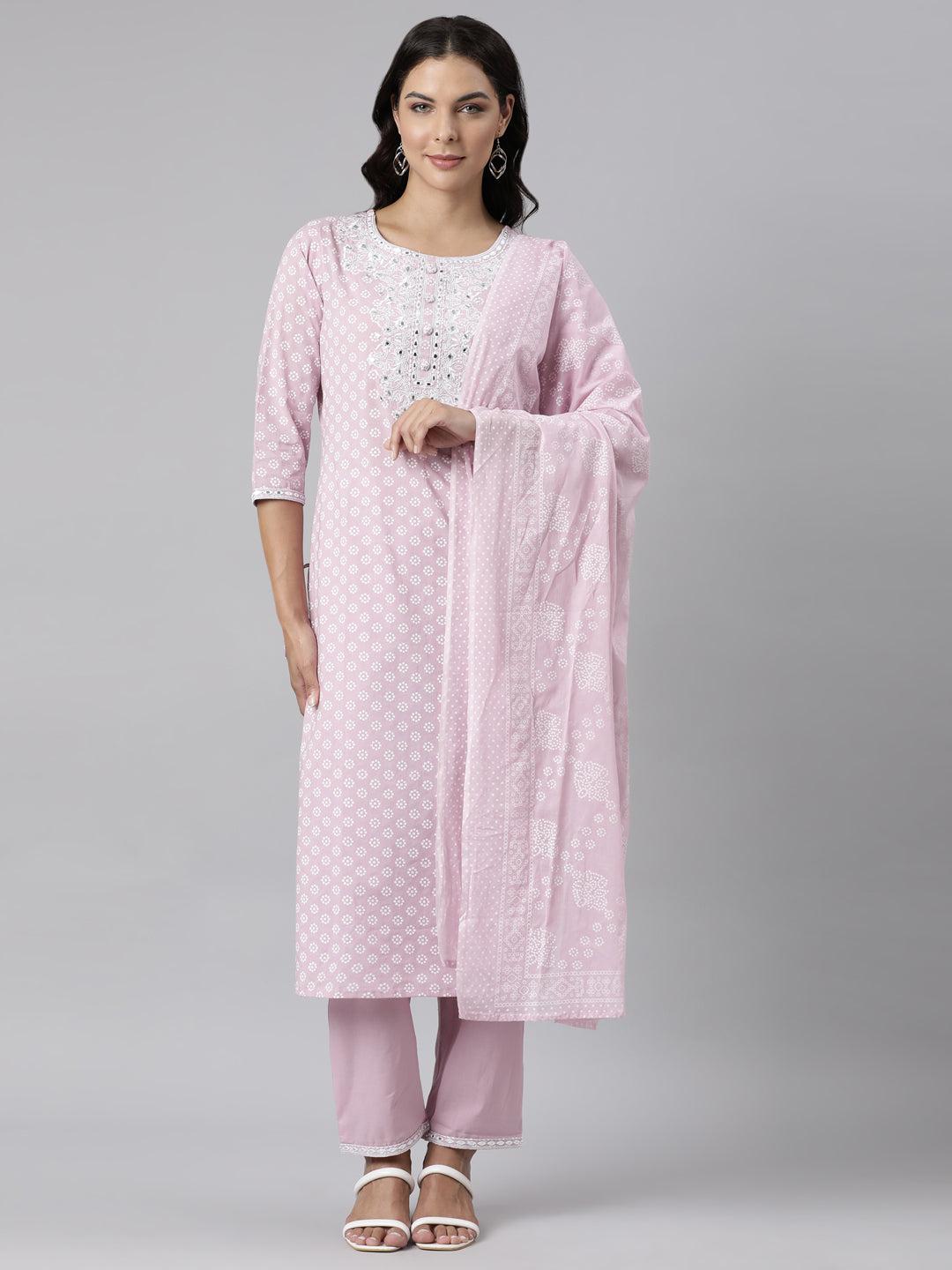 Neerus Pink Panelled Straight Yoke Design Kurta And Trousers With Dupatta