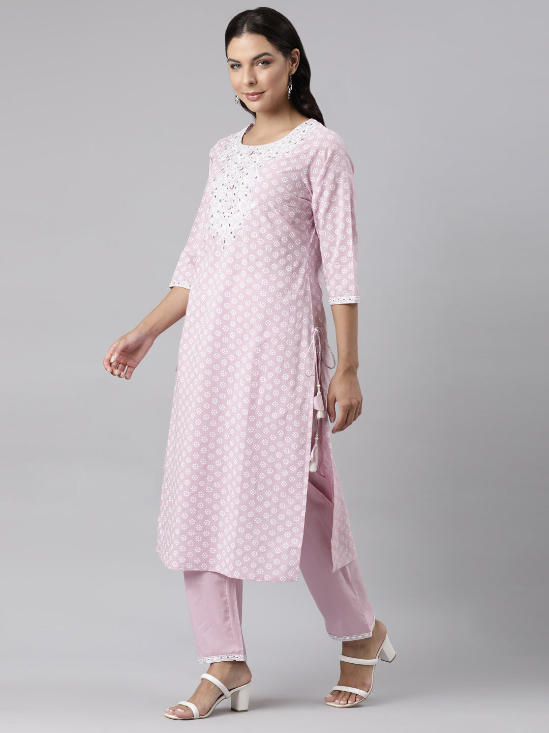 Neerus Pink Panelled Straight Yoke Design Kurta And Trousers With Dupatta