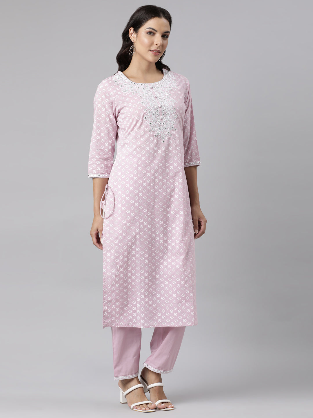 Neerus Pink Panelled Straight Yoke Design Kurta And Trousers With Dupatta