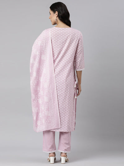 Neerus Pink Panelled Straight Yoke Design Kurta And Trousers With Dupatta