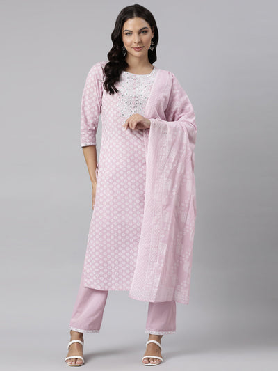 Neerus Pink Panelled Straight Yoke Design Kurta And Trousers With Dupatta