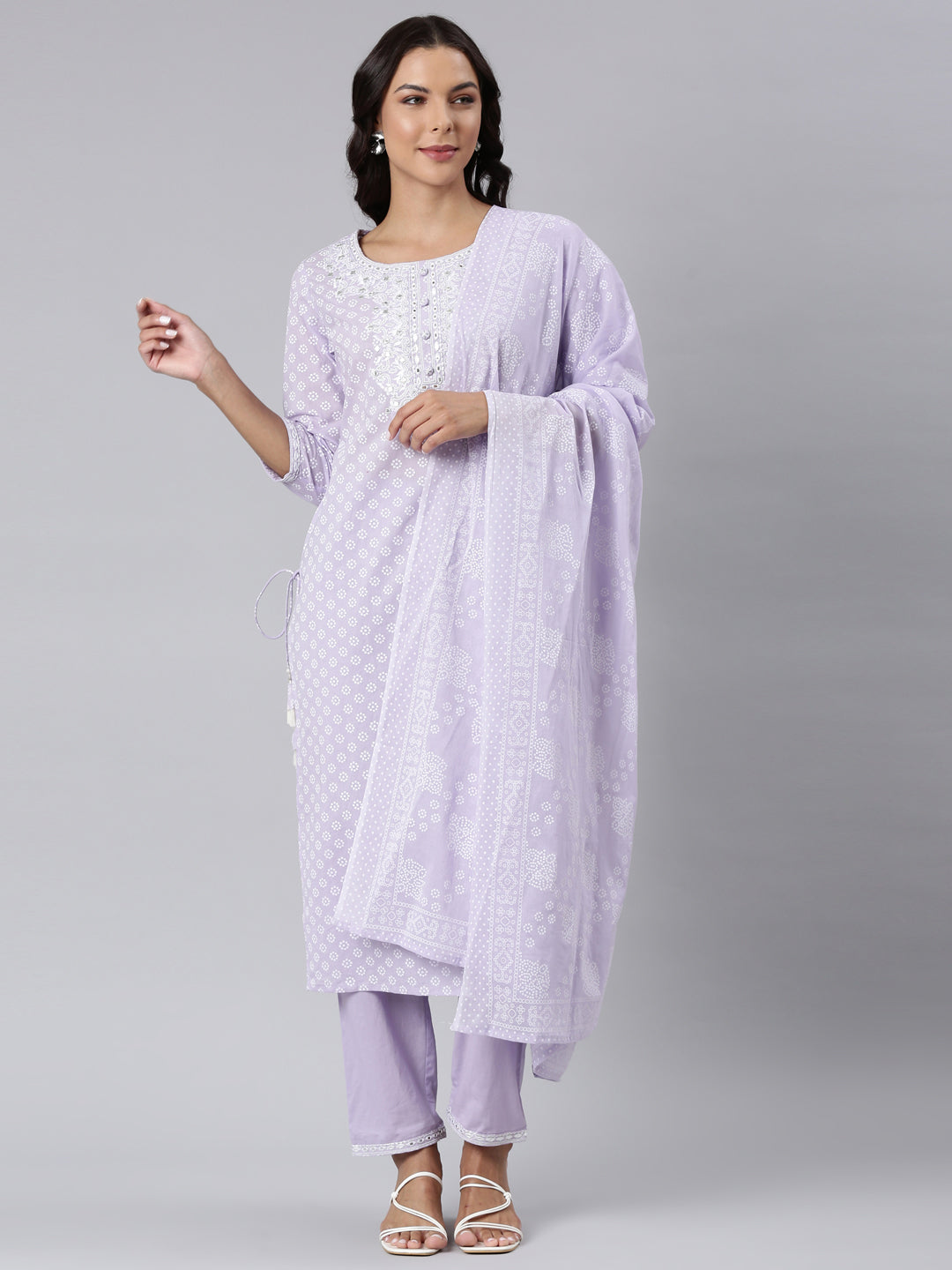 Neerus Lavender Panelled Straight Yoke Design Kurta And Trousers With Dupatta