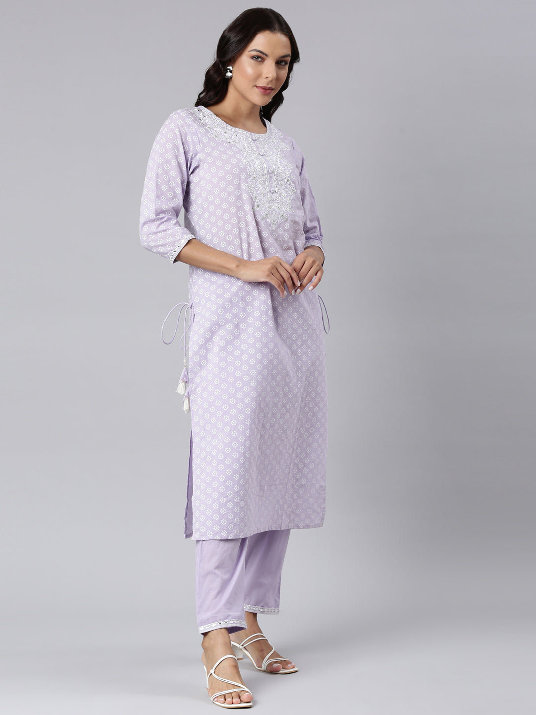 Neerus Lavender Panelled Straight Yoke Design Kurta And Trousers With Dupatta