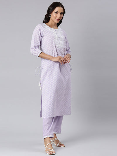 Neerus Lavender Panelled Straight Yoke Design Kurta And Trousers With Dupatta