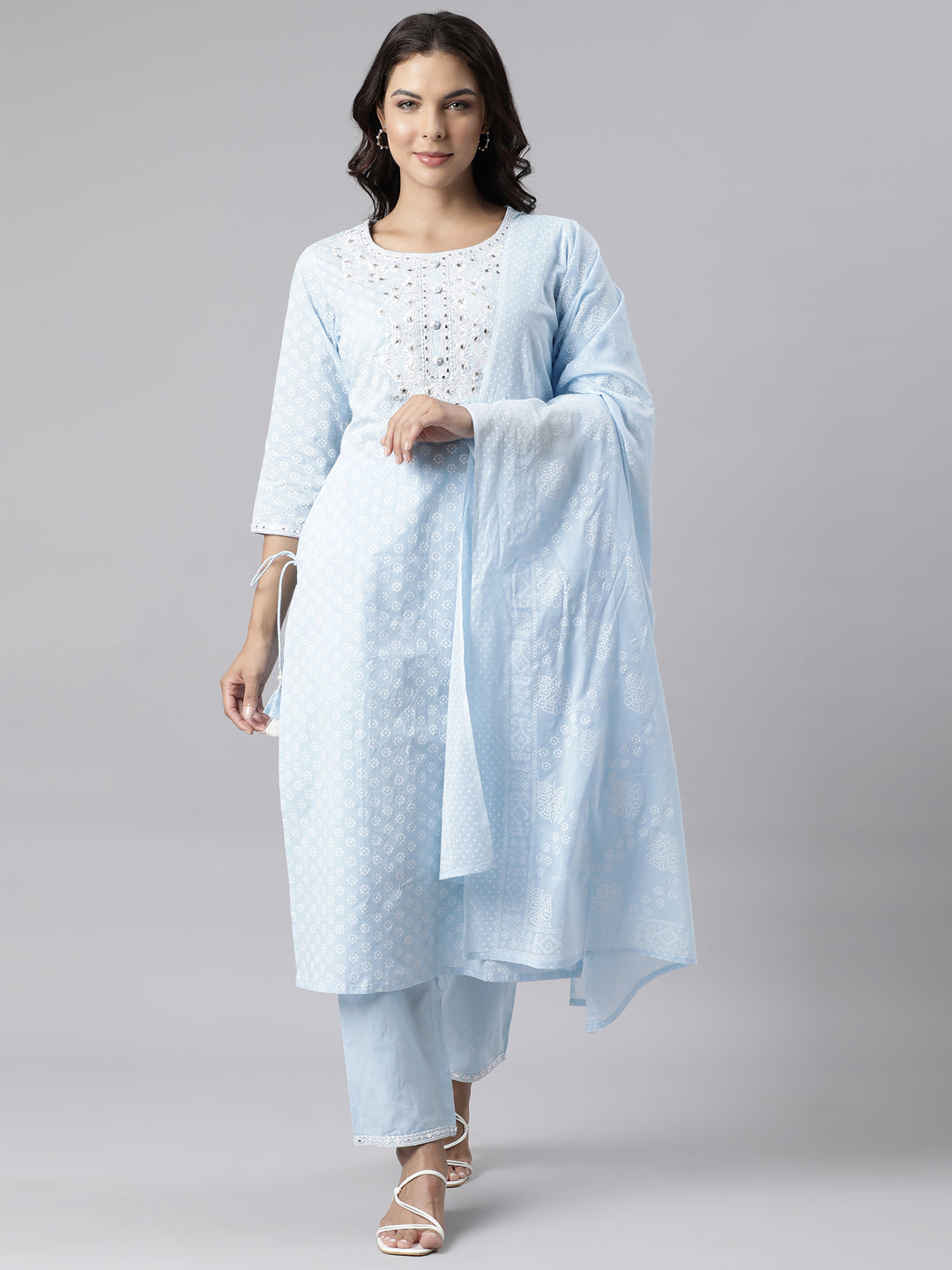 Neerus Blue Panelled Straight Yoke Design Kurta And Trousers With Dupatta