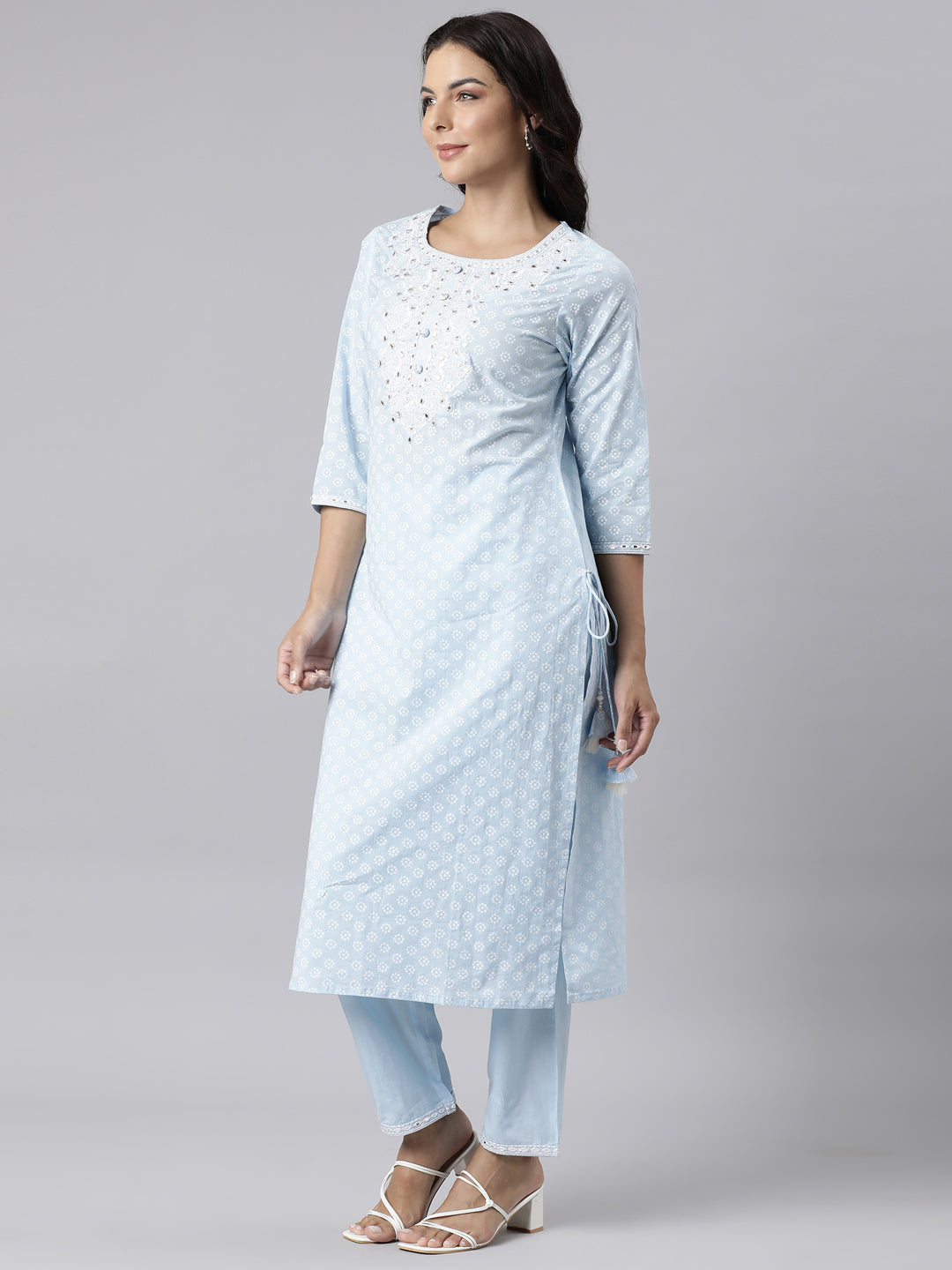 Neerus Blue Panelled Straight Yoke Design Kurta And Trousers With Dupatta