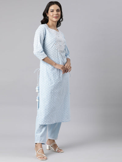 Neerus Blue Panelled Straight Yoke Design Kurta And Trousers With Dupatta