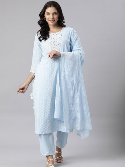 Neerus Blue Panelled Straight Yoke Design Kurta And Trousers With Dupatta