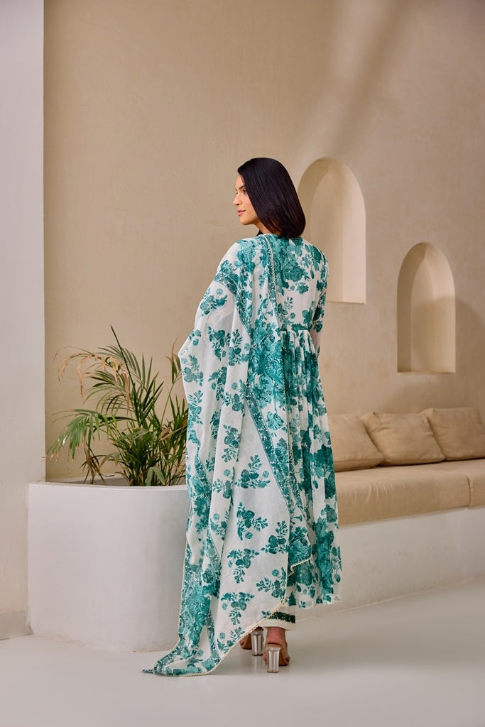 Neerus Green Flared Floral Kurta And Trousers With Dupatta