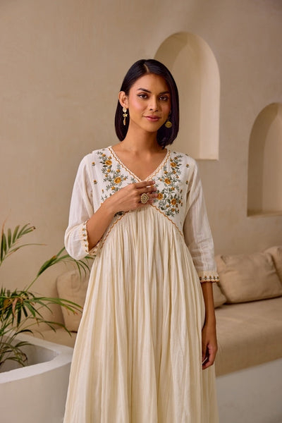 Neerus Cream Flared Embroidery Kurta And Trousers With Dupatta