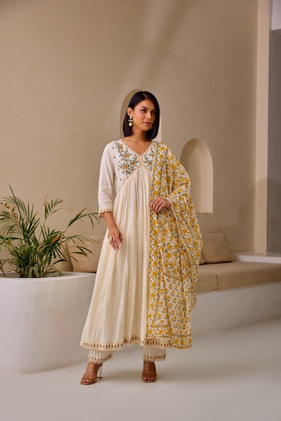 Neerus Cream Flared Embroidery Kurta And Trousers With Dupatta