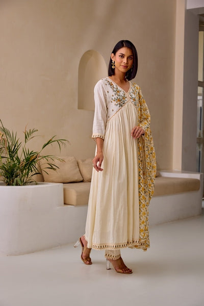 Neerus Cream Flared Embroidery Kurta And Trousers With Dupatta