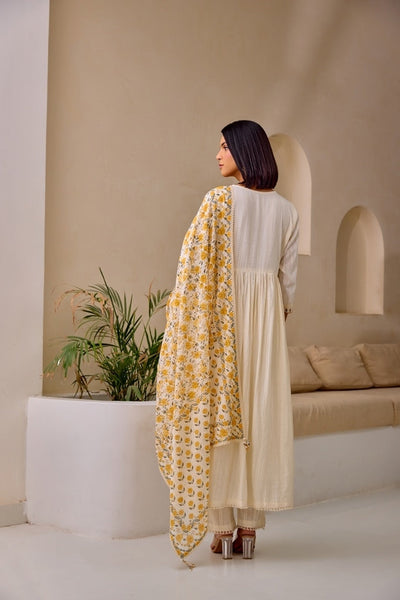 Neerus Cream Flared Embroidery Kurta And Trousers With Dupatta