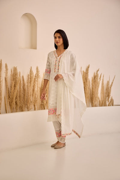 Neerus White Straight Patch Work Kurta And Trousers With Dupatta