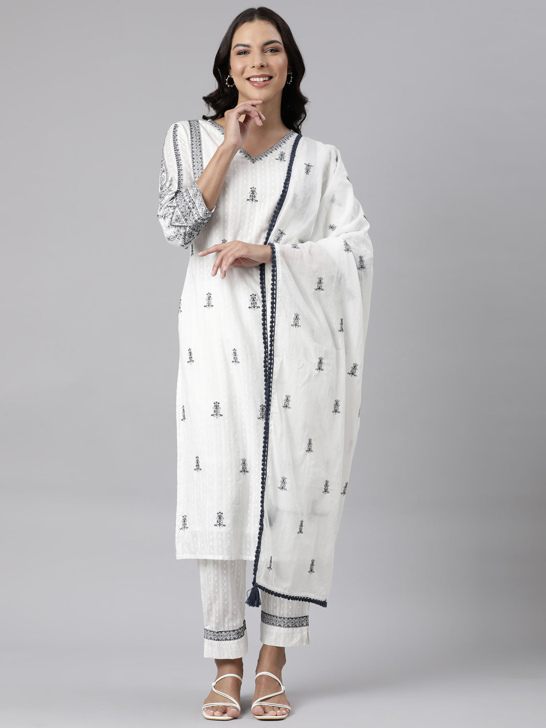 Neerus White Panelled Straight Yoke Design Kurta And Trousers With Dupatta