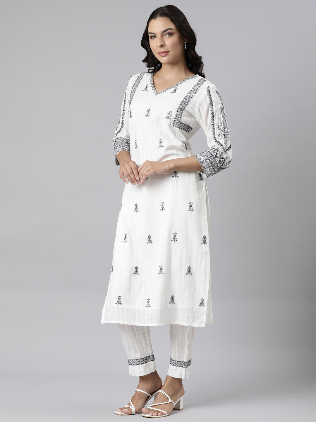 Neerus White Panelled Straight Yoke Design Kurta And Trousers With Dupatta