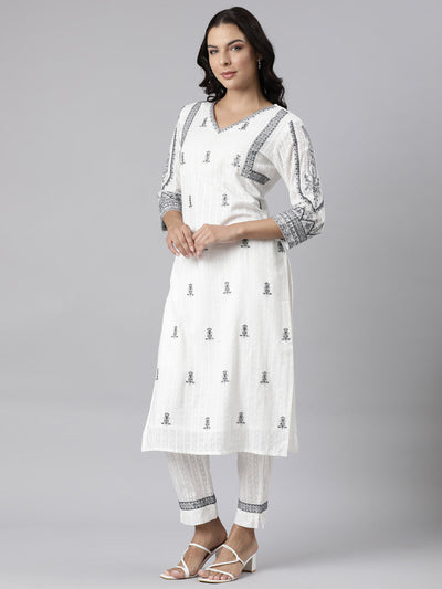 Neerus White Panelled Straight Yoke Design Kurta And Trousers With Dupatta