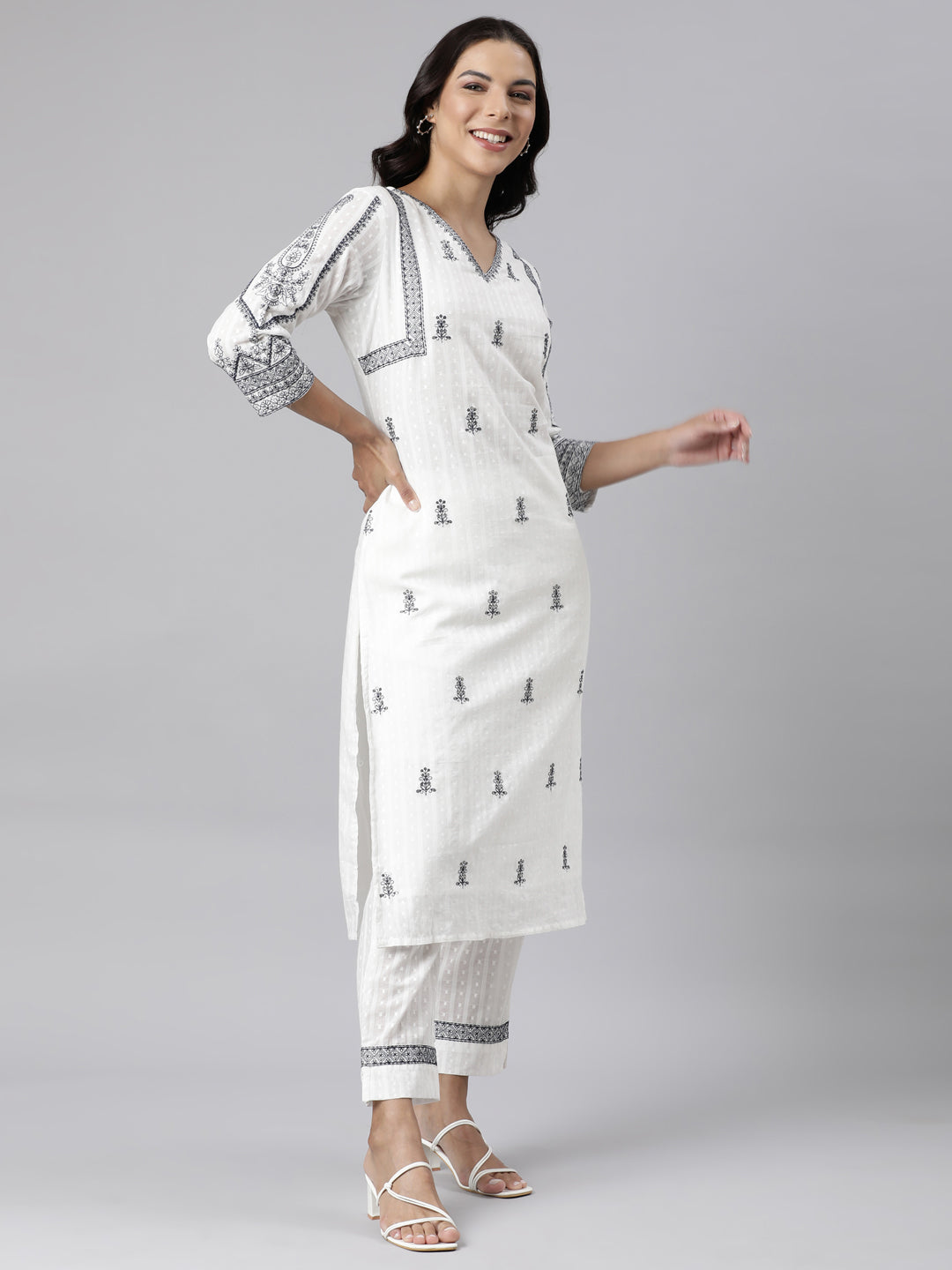 Neerus White Panelled Straight Yoke Design Kurta And Trousers With Dupatta