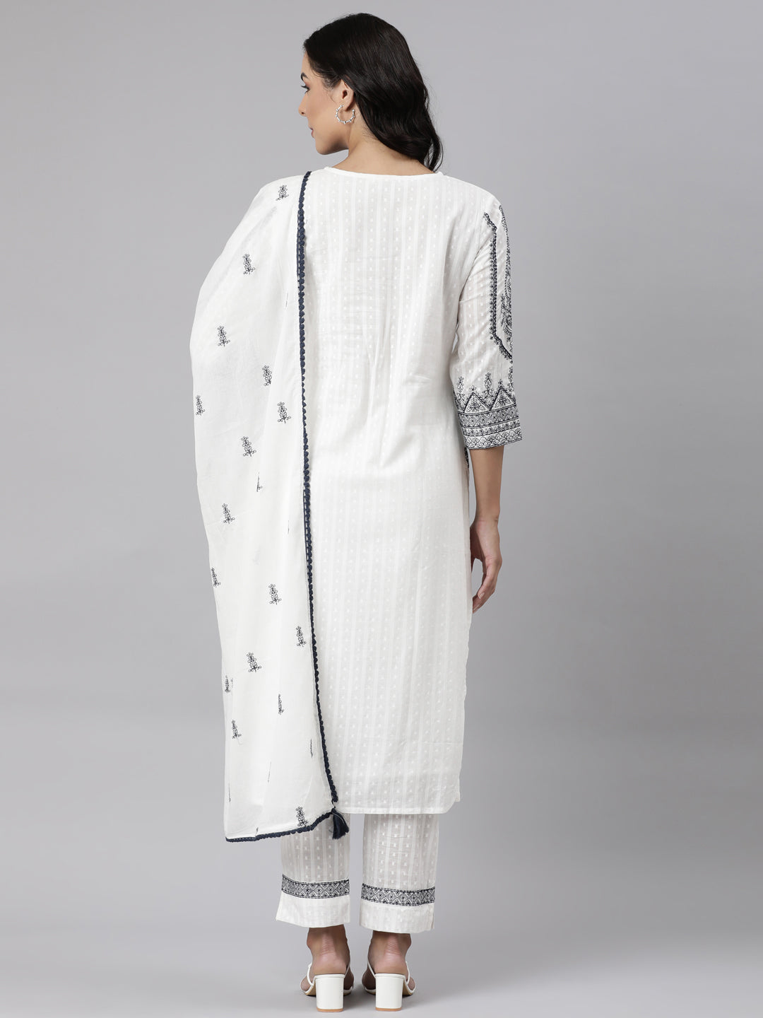 Neerus White Panelled Straight Yoke Design Kurta And Trousers With Dupatta