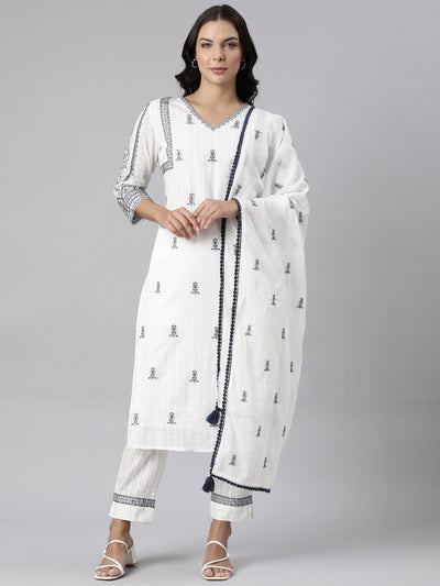 Neerus White Panelled Straight Yoke Design Kurta And Trousers With Dupatta