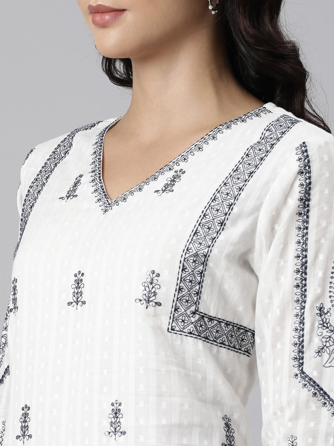 Neerus White Panelled Straight Yoke Design Kurta And Trousers With Dupatta