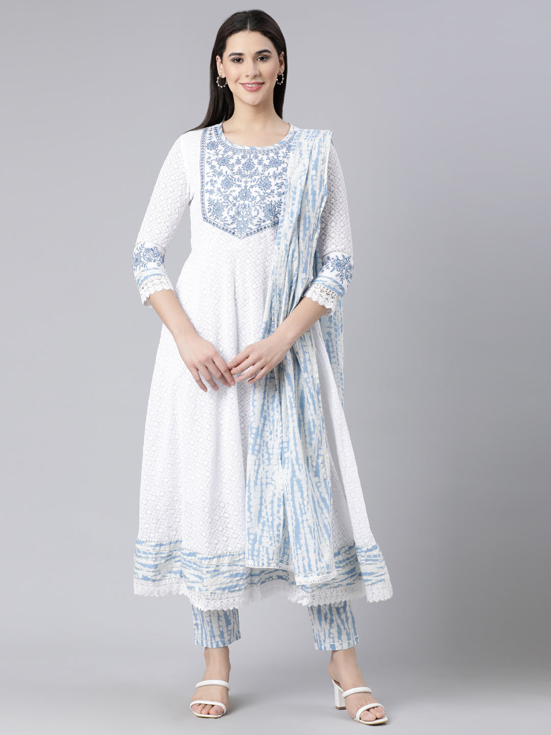 Neerus Blue Panelled Yoke Design Kurta And Trousers With Dupatta