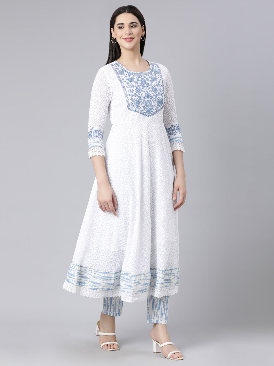 Neerus Blue Panelled Yoke Design Kurta And Trousers With Dupatta