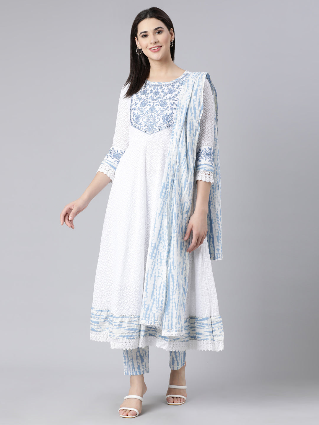 Neerus Blue Panelled Yoke Design Kurta And Trousers With Dupatta